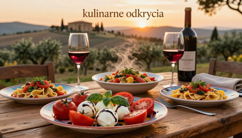 A beautifully arranged Tuscan feast, featuring a rustic wooden table laden with vibrant dishes showcasing "kulinarne odkrycia". In the foreground, a colorful platter filled with fresh tomatoes, basil, and mozzarella drizzled with balsamic glaze. The middle ground reveals a steaming bowl of rich pasta with a variety of seasonal vegetables and herbs, surrounded by a few glasses of local Chianti wine. In the background, softly lit hills of Tuscany under a golden sunset sky, dotted with olive trees and ancient stone villas. The mood is warm and inviting, evoking a sense of comfort and culinary adventure, captured with a soft focus lens to enhance the cozy atmosphere and emphasize the richness of the food.