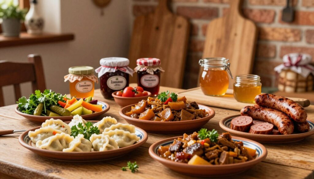 A beautifully arranged table featuring the flavors of Lower Silesia in a rustic setting. In the foreground, an assortment of traditional dishes, such as hearty pierogi filled with seasonal vegetables, flavorful bigos (hunter’s stew), and slices of smoked kielbasa, all artfully presented on handcrafted ceramic plates from Bolesławiec. Surrounding the dishes, colorful garnishes like fresh herbs and vibrant pickled vegetables add a touch of brightness. In the middle ground, a soft, warm light illuminates the scene, creating an inviting atmosphere, while jars of local jams and honey and a wooden cutting board are seen. In the background, traditional wooden elements, and warm brick walls evoke a homely kitchen feeling. The overall mood is cozy and inviting, showcasing the rich culinary heritage of Lower Silesia. A beautifully arranged table featuring the flavors of Lower Silesia in a rustic setting. In the foreground, an assortment of traditional dishes, such as hearty pierogi filled with seasonal vegetables, flavorful bigos (hunter’s stew), and slices of smoked kielbasa, all artfully presented on handcrafted ceramic plates from Bolesławiec. Surrounding the dishes, colorful garnishes like fresh herbs and vibrant pickled vegetables add a touch of brightness. In the middle ground, a soft, warm light illuminates the scene, creating an inviting atmosphere, while jars of local jams and honey and a wooden cutting board are seen. In the background, traditional wooden elements, and warm brick walls evoke a homely kitchen feeling. The overall mood is cozy and inviting, showcasing the rich culinary heritage of Lower Silesia.
