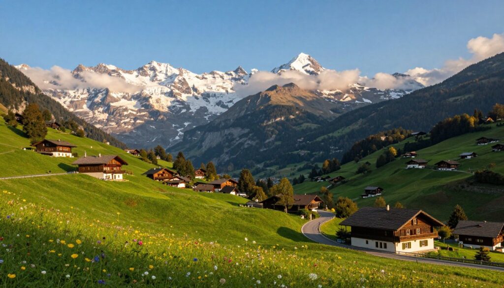 A breathtaking Alpine landscape represents the borders between Switzerland, Italy, and Austria, showcasing towering snow-capped mountains under a clear blue sky. In the foreground, lush green meadows are dotted with colorful wildflowers, while a winding road curves through the scenery, hinting at the border crossing. The middle ground features rustic chalets and quaint villages with traditional architecture, nestled between the foothills. In the background, majestic peaks rise dramatically, partially shrouded in wispy clouds. The golden light of the late afternoon sun casts warm shadows, enhancing the serene ambiance of this natural border. The scene embodies harmony and tranquility in a picturesque alpine setting, devoid of any human presence.