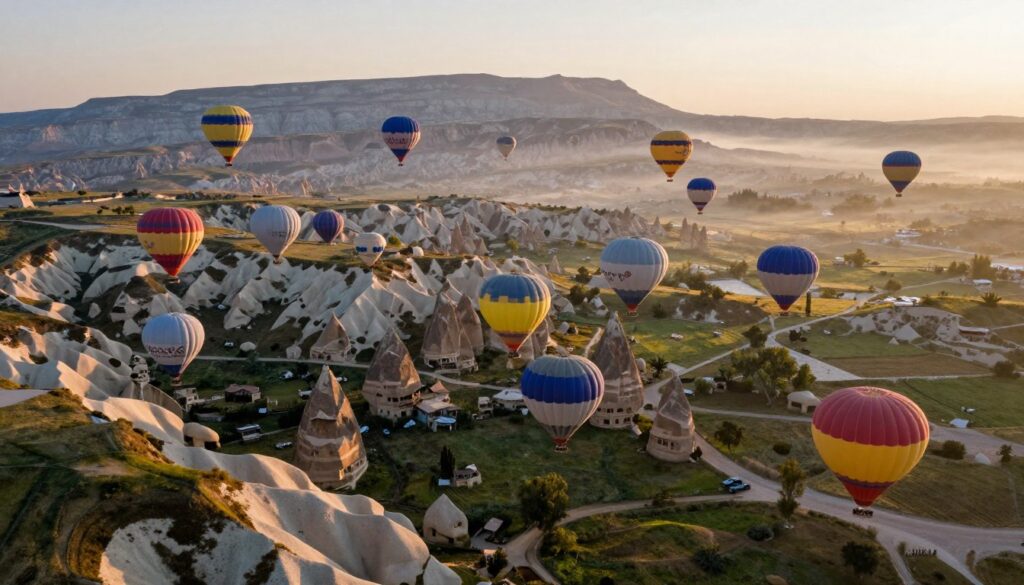 A breathtaking aerial view of colorful hot air balloons gracefully soaring over the unique rock formations of Cappadocia at sunrise. The foreground features a vibrant assortment of balloons in various hues, including reds, blues, and yellows, lightly floating above lush green valleys. In the middle ground, the iconic fairy chimneys and cave dwellings dot the landscape, illuminated by the soft golden light of the early morning sun, casting gentle shadows. The background displays a breathtaking panoramic view of rolling hills and distant mountains, partially shrouded in morning mist. The atmosphere is serene and magical, invoking a sense of wonder, adventure, and tranquility as the sun rises over this enchanting region. The image is taken from a high vantage point, emphasizing both the balloons and the stunning geological features.