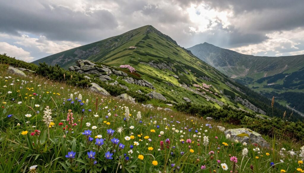 A breathtaking view of Babia Góra, showcasing its natural richness. In the foreground, a lush meadow filled with colorful alpine flowers, such as gentians and edelweiss, sways gently in the breeze. The middle ground features rocky slopes leading up to the iconic peak of Babia Góra, draped in a blanket of greenery and patches of blooming shrubs. In the background, dramatic clouds gather above the mountain, adding depth to the sky as sunlight breaks through, casting soft beams of light onto the landscape. Capture the essence of the Babia Góra National Park's diverse flora and fauna, creating an atmosphere of tranquility and awe. Use a panoramic lens and a slightly elevated angle to enhance the majesty of the mountain and the surrounding wilderness, evoking a sense of adventure and discovery.