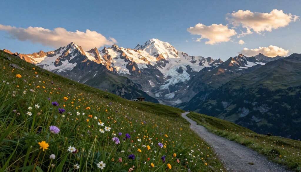A breathtaking view of Mont Blanc along the French-Italian border, showcasing the majestic snow-capped peaks during the golden hour. In the foreground, a serene alpine meadow filled with vibrant wildflowers sways gently in the breeze. In the middle ground, a winding hiking trail leads the viewer's eye toward the towering mountains, where patches of snow are illuminated by the soft, warm sunlight. The background boasts the grandeur of Mont Blanc itself, its pristine glaciers glistening under a clear blue sky peppered with fluffy white clouds. The overall mood conveys tranquility and adventure, inviting viewers to appreciate the beauty of the Alps. The composition is captured from a low angle, emphasizing the height of the mountains while framing the picturesque landscape.