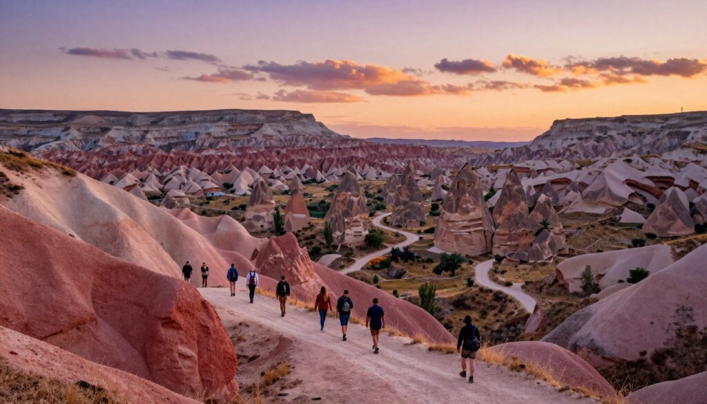 A breathtaking view of the Rose Valley in Cappadocia, Turkey, during a golden hour sunset. In the foreground, vibrant red and pink rock formations rise dramatically from a dusty trekking path, where a group of hikers clad in modest, casual hiking attire are enjoying their adventure. The middle ground features winding trails weaving through the unique fairy chimneys, bathed in warm light. The background is filled with rolling hills and soft clouds tinged with orange and purple hues, creating a tranquil atmosphere. The scene captures the essence of exploration and natural beauty in the valleys. The atmosphere is serene, with a sense of peaceful solitude, highlighting this popular trekking destination. The shot is taken from a slightly elevated angle to showcase the expansive landscape.