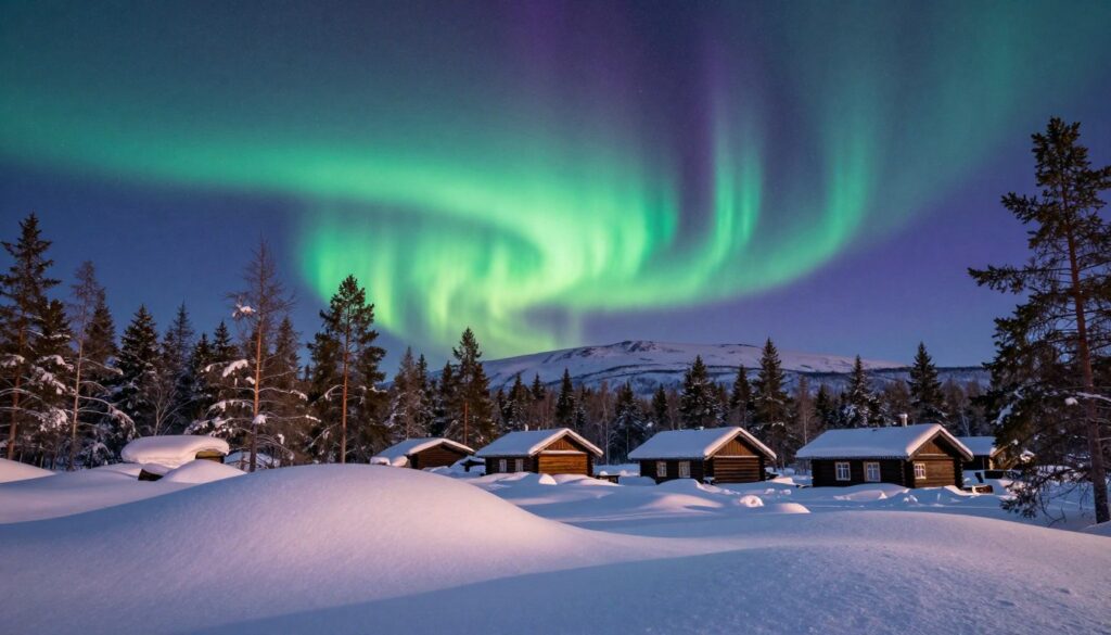 A breathtaking winter landscape depicting the northern region of Lapland, Finland. In the foreground, a serene, snow-covered terrain with gentle hills glistening under soft sunlight. A cluster of traditional wooden Sámi huts is nestled among the trees, creating a sense of culture and tradition. The middle ground showcases the captivating aurora borealis swirling in vibrant greens and purples across a deep indigo sky, illuminating the landscape. In the background, dense forests of pine trees frame the scene, leading up to the distant silhouette of rugged mountains. The atmosphere is tranquil and awe-inspiring, capturing the essence of this unique Arctic region, with a focus on natural beauty and serenity. The image is captured with a wide-angle lens, highlighting the vastness of the landscape, while soft, diffused lighting evokes a peaceful mood.
