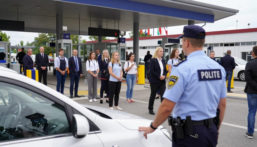 A busy Hungarian border crossing scene showcasing security measures and controls. In the foreground, a uniformed border guard inspects a vehicle, exuding professionalism and authority, dressed in a neat uniform. In the middle ground, a diverse group of travelers, including families and business people, waits patiently for their turn, dressed in business attire and smart casual clothing. The background features a modern border control building, equipped with technological surveillance systems, with flags of neighboring countries displayed prominently. The scene is bathed in natural daylight, creating a sense of openness and transparency, with soft shadows adding depth. Capture this image from a slightly elevated angle to emphasize the security measures in place, while evoking a mood of safety and order at the border. A busy Hungarian border crossing scene showcasing security measures and controls. In the foreground, a uniformed border guard inspects a vehicle, exuding professionalism and authority, dressed in a neat uniform. In the middle ground, a diverse group of travelers, including families and business people, waits patiently for their turn, dressed in business attire and smart casual clothing. The background features a modern border control building, equipped with technological surveillance systems, with flags of neighboring countries displayed prominently. The scene is bathed in natural daylight, creating a sense of openness and transparency, with soft shadows adding depth. Capture this image from a slightly elevated angle to emphasize the security measures in place, while evoking a mood of safety and order at the border.