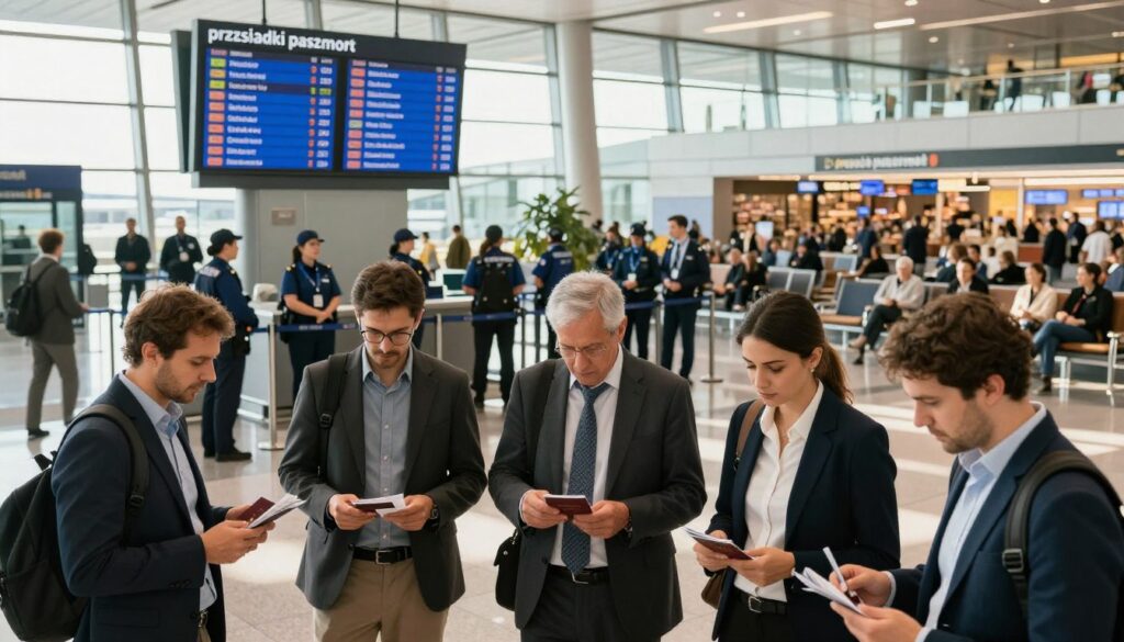A busy airport terminal scene illustrating the concept of "przesiadki paszport." In the foreground, a diverse group of travelers, dressed in professional business attire, examines their passport and boarding passes. The middle ground features a digital flight information display with international destinations and gate numbers, while a seamless line of immigration officers can be seen further back, processing passengers. Soft, natural lighting streams in through large glass windows, casting gentle shadows and creating a bright, welcoming atmosphere. The background showcases busy airport infrastructure, including shops and seating areas filled with people. The overall mood is one of anticipation and organization, capturing the complexities of crossing borders during layovers in Europe. A busy airport terminal scene illustrating the concept of "przesiadki paszport." In the foreground, a diverse group of travelers, dressed in professional business attire, examines their passport and boarding passes. The middle ground features a digital flight information display with international destinations and gate numbers, while a seamless line of immigration officers can be seen further back, processing passengers. Soft, natural lighting streams in through large glass windows, casting gentle shadows and creating a bright, welcoming atmosphere. The background showcases busy airport infrastructure, including shops and seating areas filled with people. The overall mood is one of anticipation and organization, capturing the complexities of crossing borders during layovers in Europe.