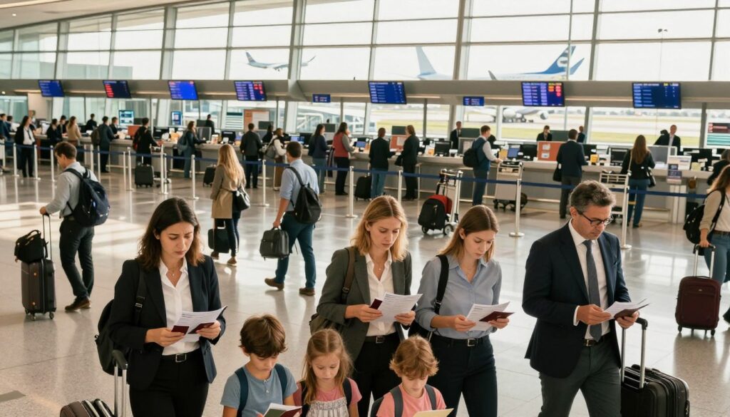 A busy airport terminal with travelers navigating through a complex layout of security checkpoints and immigration desks. In the foreground, a diverse group of well-dressed individuals, including a businesswoman and a family with children, are scrutinizing their passports and paperwork, looking slightly anxious. The middle ground features a bustling check-in area with flight information displays, staff assisting travelers, and luggage carts. The background shows large glass windows revealing airplanes taking off, under a bright, sunny sky. Warm, natural lighting fills the scene, creating a sense of urgency and importance. The atmosphere is tense yet professional, highlighting the document traps and careful planning required during international layovers.