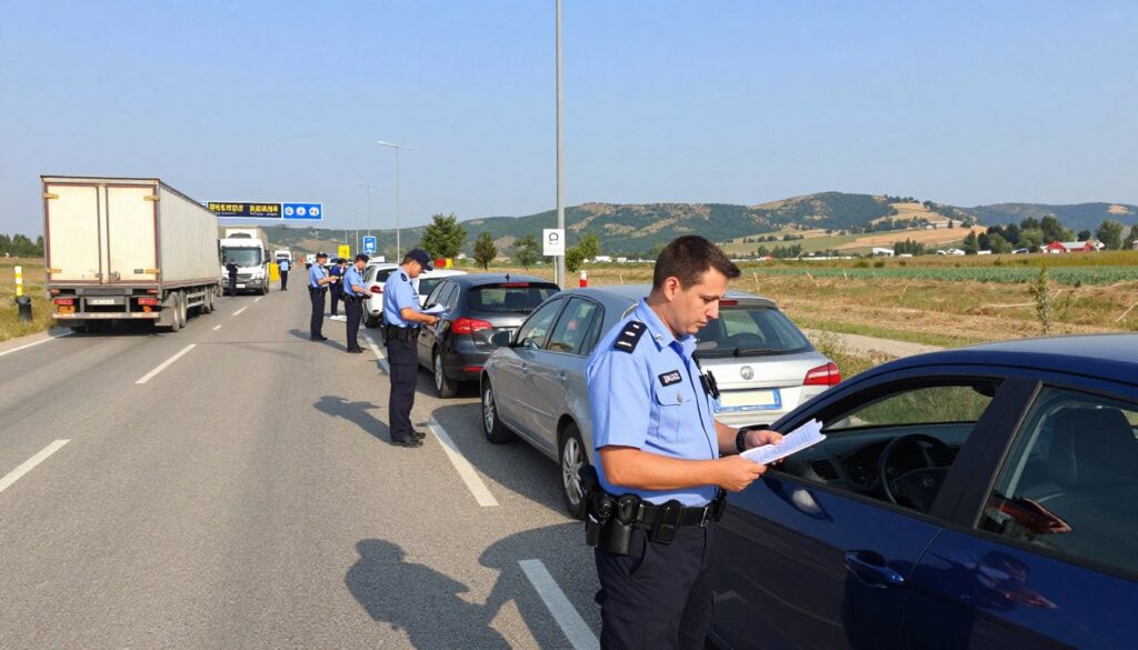 A busy border checkpoint between Romania and its neighboring country, featuring both customs officers and vehicles. In the foreground, a professional customs officer in a uniform is inspecting paperwork and speaking with a driver. The middle ground shows several cars and trucks lined up, ready for inspection under a clear blue sky. In the background, rolling hills and a distant landscape provide context, dotted with signs indicating the border area. Soft, natural lighting enhances an organized yet bustling atmosphere, capturing the essential activity of goods crossing the border. The overall mood is one of professionalism and diligence, illustrating the careful process involved in transporting goods across national lines.