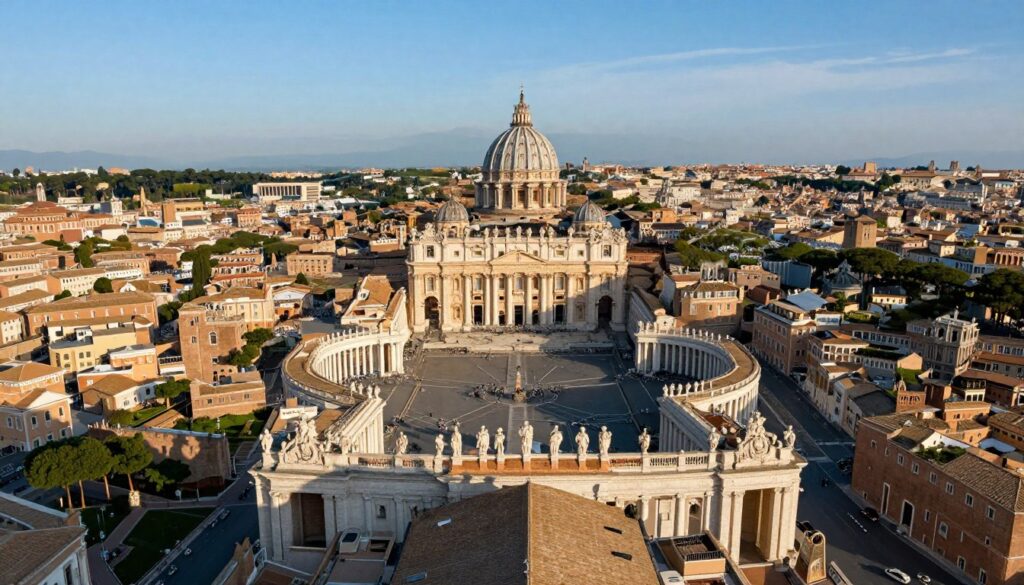 A captivating aerial view of Vatican City, showcasing its intricate architectural beauty nestled in the heart of Rome. In the foreground, highlight St. Peter's Basilica with its iconic dome, surrounded by the beautifully landscaped St. Peter's Square, where visitors gather. The middle ground features the Vatican's ancient walls and gardens, emphasizing its unique status as an independent city-state. In the background, capture the skyline of Rome, with its historic buildings and ancient ruins under a clear blue sky. The scene is bathed in soft, golden afternoon light, creating a warm and inviting atmosphere. Use a slight fisheye lens effect to enhance the grandeur of this remarkable enclave, evoking a sense of both reverence and wonder.