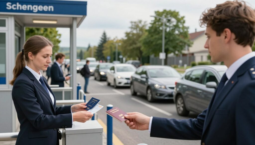 A clear view of a border crossing at a Schengen Zone entry point, featuring a modern border control booth on the left with officials dressed in professional attire examining passports and ID cards. In the foreground, a person in business attire is handing over their ID to the border officer, conveying a sense of compliance and professionalism. The middle ground includes a line of cars waiting to cross the border, with green trees and blue sky in the background, suggesting a calm and orderly atmosphere. Soft, natural lighting adds warmth to the scene, enhancing the feeling of security and ease during travel. The overall mood should be one of formality and efficiency, ideal for illustrating the rules of border crossing within the Schengen area.
