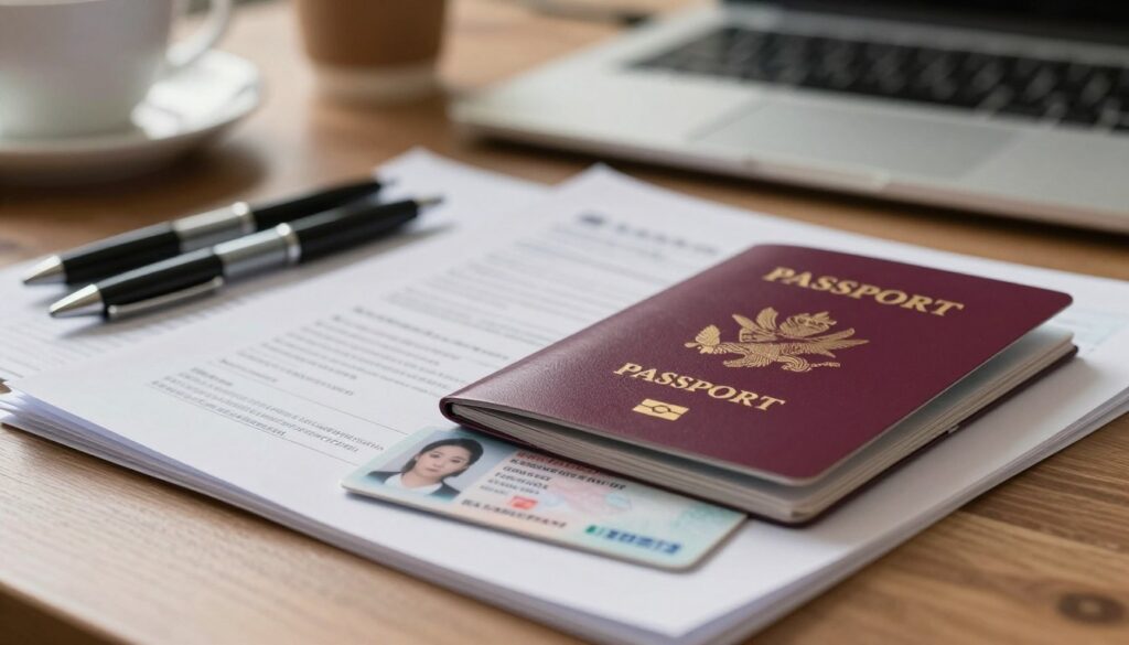 A close-up image of official documents related to travel, prominently featuring a passport, ID card, and visa papers. The foreground includes a neatly stacked arrangement of these documents, with a passport slightly open to display its inner content. In the middle ground, there are a couple of pens and a travel itinerary visible, hinting at planning and organization. The background is blurred softly, suggesting a desk environment that includes a laptop and a coffee cup, creating a professional atmosphere. The lighting is warm and inviting, with subtle overhead lighting casting gentle shadows. The mood is focused and serious, reflecting the importance of travel documentation for entry regulations.