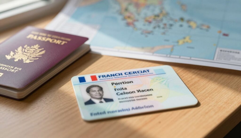 A close-up of a French overseas territories identification card lying on a wooden desk, surrounded by essential travel documents like a passport and a travel guide. In the background, softly blurred, a map of French overseas territories is displayed, hinting at exotic destinations like Martinique and Réunion. The lighting is warm and inviting, coming from a nearby window, casting gentle shadows that enhance the textures of the papers. The mood is serene and organized, perfect for a travel planning context. The image is shot from a high angle, creating a sense of depth and focus on the identification card, which is clear and detailed, showing a professional design.
