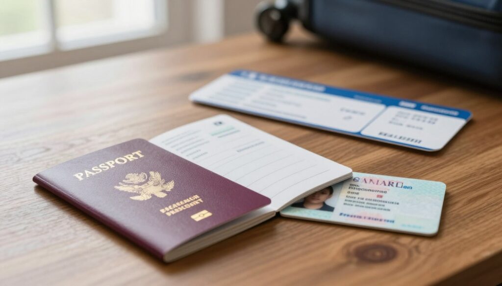 A close-up of an international travel document, prominently featuring a passport and a national ID card arranged on a polished wooden table. In the foreground, the passport is open, displaying personal information and a blank page for visas, while the ID card lies beside it, showcasing a clean and professional design. The middle ground includes travel essentials like a boarding pass and a luggage tag, subtly blurred to emphasize the documents. In the background, soft natural light filters in through a window, creating a warm, inviting atmosphere. The setting should suggest a traveler's preparation, evoking a sense of anticipation and readiness for the journey ahead, without any people present.
