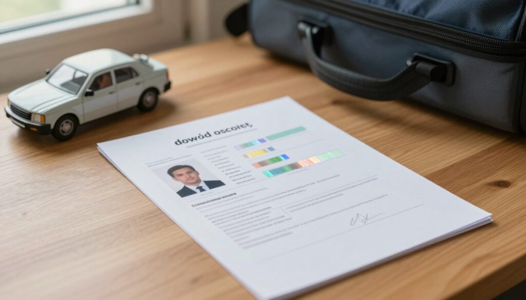 A close-up of an official document resembling a "dowód osobisty" (personal identification card) placed on a wooden table. The document features clear elements like a photo section, personal details in a structured layout, and holographic elements for authenticity. In the background, slightly blurred, a travel bag and a small travel-sized toy sit, hinting at a family trip. Soft natural light filters through a nearby window, casting gentle shadows that enhance the document's details. The atmosphere is warm and inviting, suggesting preparation for a family journey. The angle is top-down, capturing the document's features while keeping the travel context subtly present, with no distractions or additional text. A close-up of an official document resembling a "dowód osobisty" (personal identification card) placed on a wooden table. The document features clear elements like a photo section, personal details in a structured layout, and holographic elements for authenticity. In the background, slightly blurred, a travel bag and a small travel-sized toy sit, hinting at a family trip. Soft natural light filters through a nearby window, casting gentle shadows that enhance the document's details. The atmosphere is warm and inviting, suggesting preparation for a family journey. The angle is top-down, capturing the document's features while keeping the travel context subtly present, with no distractions or additional text.