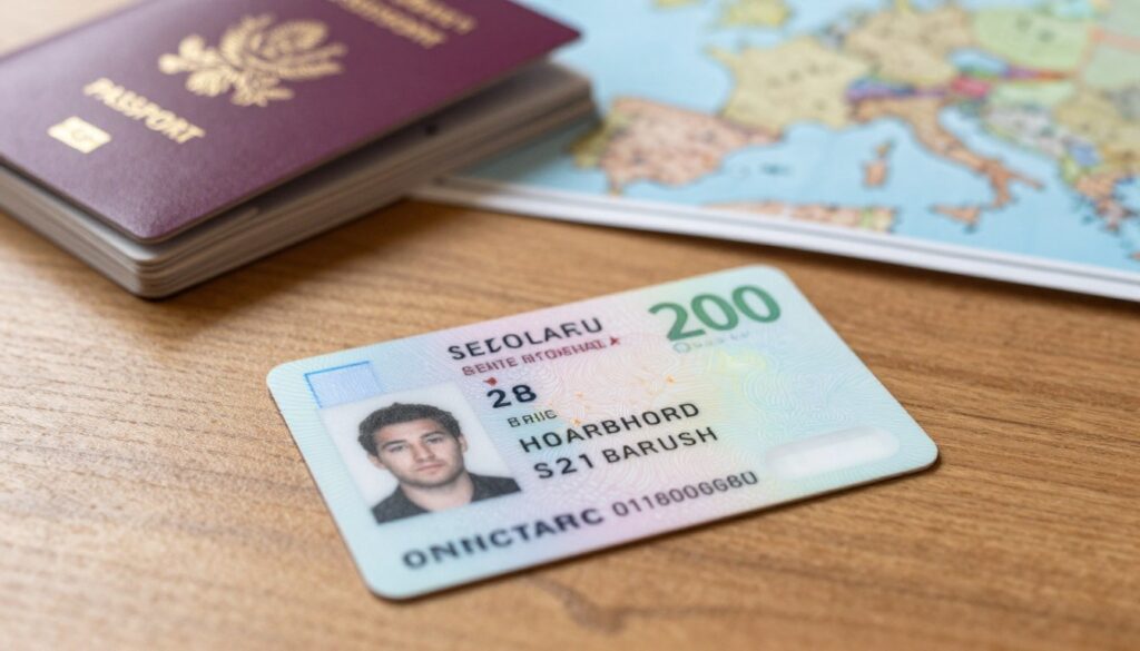 A close-up view of a European identity card placed on a stylish wooden desk, with soft natural lighting illuminating the card's details. In the foreground, the identity card features intricate design elements, including a photo section, personal details, and security features. The middle ground shows a neatly organized stack of travel documents, including a passport partially visible. In the background, there’s a blurred map of France, suggesting travel destinations. The ambiance is professional and informative, reflecting a sense of preparedness and importance about travel documentation. The lens captures the scene from a slight overhead angle to emphasize the documents’ details while maintaining clarity and a clean composition.