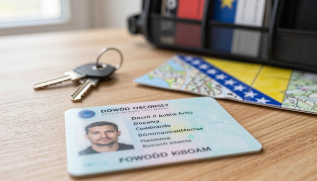 A close-up view of a Polish ID card (dowód osobisty) placed on a wooden table in a well-lit room, showcasing its detailed features such as the photo, personal data, and holographic elements. In the foreground, the ID card is slightly tilted to capture the light reflections for realism. In the middle, a set of keys and a small map of Bosnia and Herzegovina are present to symbolize travel. The background features a soft-focus view of a travel document organizer, with a warm and inviting atmosphere. The lighting is bright but soft, suggesting a morning ambiance, and the angle is from above, giving a clear look at the ID card and context elements, conveying a sense of preparation for travel. A close-up view of a Polish ID card (dowód osobisty) placed on a wooden table in a well-lit room, showcasing its detailed features such as the photo, personal data, and holographic elements. In the foreground, the ID card is slightly tilted to capture the light reflections for realism. In the middle, a set of keys and a small map of Bosnia and Herzegovina are present to symbolize travel. The background features a soft-focus view of a travel document organizer, with a warm and inviting atmosphere. The lighting is bright but soft, suggesting a morning ambiance, and the angle is from above, giving a clear look at the ID card and context elements, conveying a sense of preparation for travel.