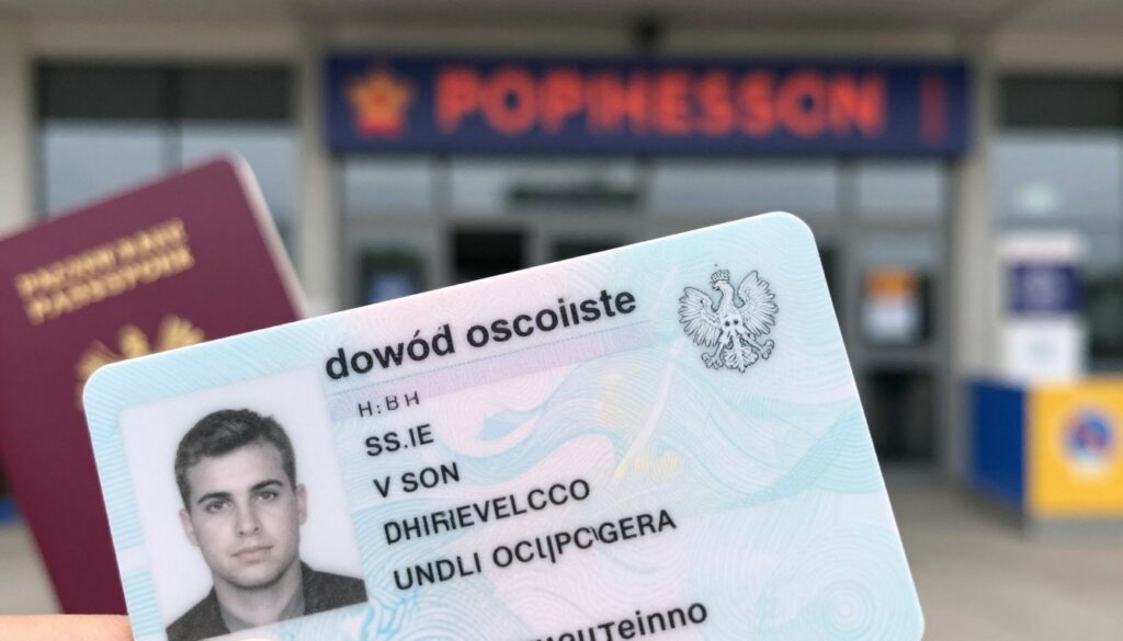 A close-up view of a Polish "dowód osobisty" (ID card), prominently displayed in the foreground, showcasing its distinctive features such as the eagle emblem, personal information sections, and security elements like holograms. Behind the ID, a blurred background of a customs checkpoint at an international border, with subtle hints of passports and travel documents. The lighting should be bright yet soft, creating a professional atmosphere that highlights the ID card's details clearly. The angle should be slightly tilted downwards to provide an engaging perspective. The overall mood should convey the importance of identity verification during border crossings, suggesting a sense of formality and seriousness in travel documentation.