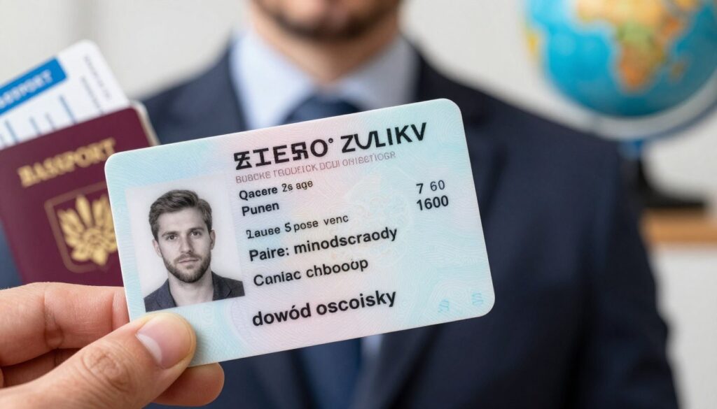 A close-up view of a Polish identity card (dowód osobisty), prominently displayed in the foreground. The card features distinctive elements like a photograph, personal details, and the national emblem. The middle ground includes a hand holding the card, wearing a professional business suit, symbolizing the importance of the document in travel and identification. In the background, softly blurred, hints of travel-related items such as a passport, boarding pass, and a globe can be seen, creating an ambiance of travel and adventure. The lighting is bright and natural, reminiscent of daylight, casting soft shadows, while the scene adds a feeling of professionalism and trust. The composition highlights the identity card's significance without any text or overlays, emphasizing its role as a primary identification document. A close-up view of a Polish identity card (dowód osobisty), prominently displayed in the foreground. The card features distinctive elements like a photograph, personal details, and the national emblem. The middle ground includes a hand holding the card, wearing a professional business suit, symbolizing the importance of the document in travel and identification. In the background, softly blurred, hints of travel-related items such as a passport, boarding pass, and a globe can be seen, creating an ambiance of travel and adventure. The lighting is bright and natural, reminiscent of daylight, casting soft shadows, while the scene adds a feeling of professionalism and trust. The composition highlights the identity card's significance without any text or overlays, emphasizing its role as a primary identification document.