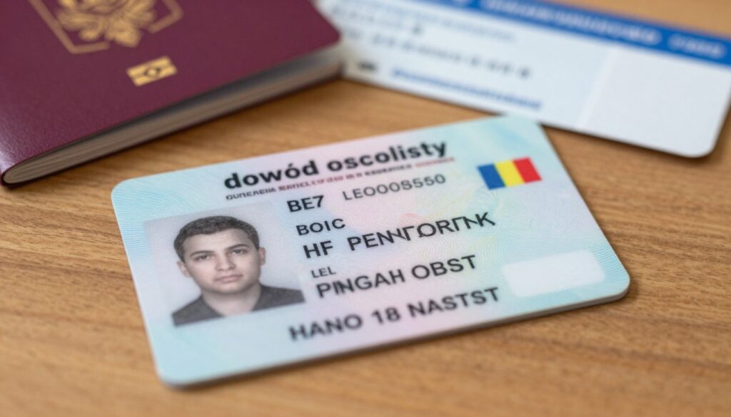 A close-up view of a Romanian identity card ("dowód osobisty") placed elegantly on a wooden table. The card showcases its distinct features, including the holographic security elements and detailed personal information fields. Soft, even lighting highlights the card's texture and brings out the colors of the Romanian flag subtly integrated into the design. In the background, slightly out of focus, hints of international travel documents like a passport and a boarding pass lie casually, symbolizing border crossing. The atmosphere is professional yet inviting, reflecting the importance of proper documentation when traveling abroad. The composition is balanced, with a shallow depth of field emphasizing the identity card as the focal point while keeping the background harmonious and relevant.