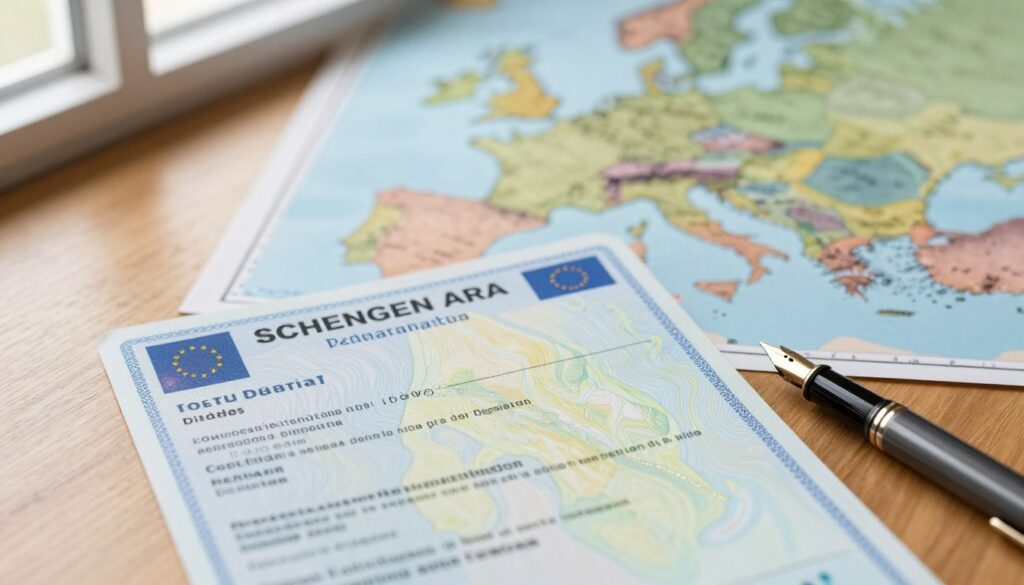 A close-up view of a Schengen Area document prominently displayed on a sleek wooden desk. The document, resembling an official travel authorization, features distinct security elements such as holograms and intricate borders, emphasizing its importance. In the background, softly blurred, a modern map of Europe is visible, highlighting the Schengen countries in soft colors. Ambient lighting from a nearby window casts gentle shadows, creating a warm and inviting atmosphere. The foreground captures subtle details, such as a fountain pen elegantly poised next to the document, suggesting readiness for travel. The overall mood conveys a sense of freedom and security associated with the Schengen Area, evoking a feeling of exploration and opportunity for travelers.