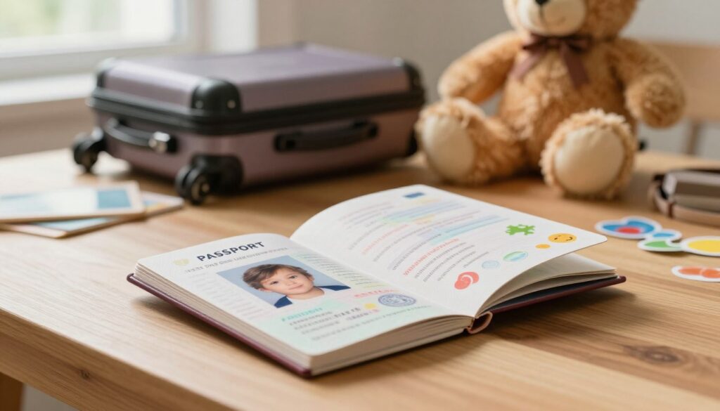 A close-up view of a child's passport resting on a wooden table, accompanied by a small suitcase and travel essentials like a teddy bear and colorful stickers. The passport is open, displaying the child's photo and personal details, creating a sense of anticipation for travel. In the background, soft natural light filters through a nearby window, illuminating the scene with a warm glow. The angle is slightly tilted to showcase the passport's pages. The mood is cheerful and adventurous, evoking excitement about traveling with children. Emphasize a cozy, family-friendly atmosphere with elements that suggest travel preparation. No human figures in the image, ensuring a focus on the passport and travel items.