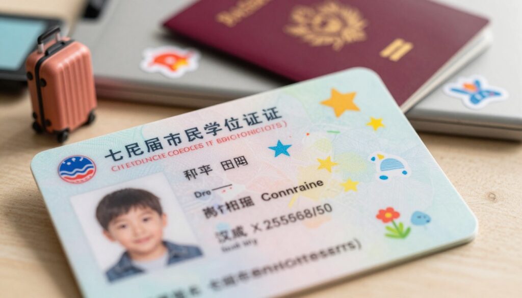 A close-up view of a colorful child's identity document, featuring bright hues and playful designs that appeal to children, set against a soft, blurred background of a passport control area. The foreground showcases distinct elements of the document, such as a photo of a smiling child, personal details, and child-friendly graphics like stars and animals. The middle ground subtly hints at travel-related items, like a small suitcase and travel stickers. The lighting is warm and inviting, casting gentle shadows to enhance the document's features. The atmosphere is cheerful and secure, evoking a sense of adventure and readiness for travel. The image is crisp and clear, captured from a slight overhead angle to emphasize the document's importance.