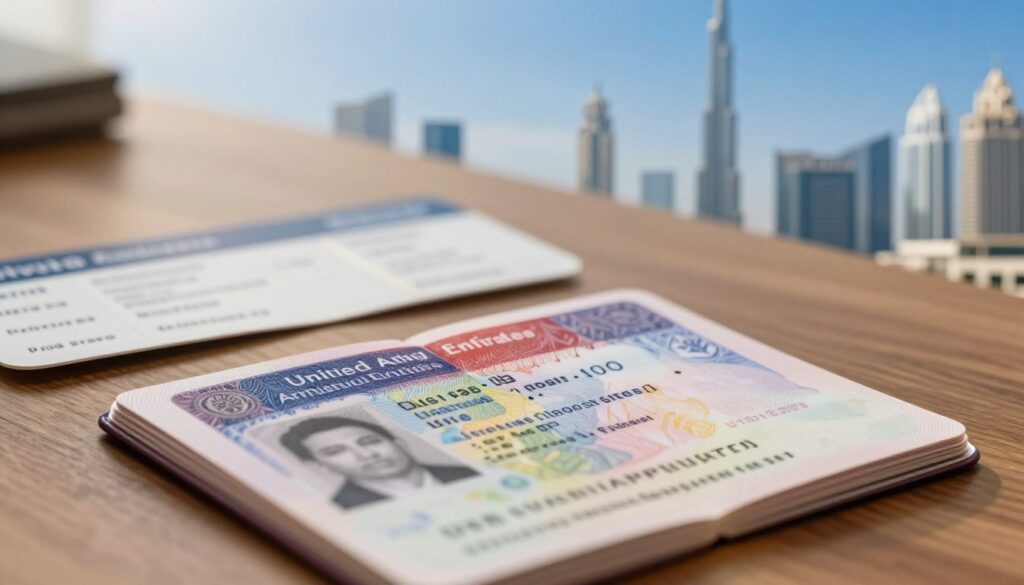 A close-up view of a polished, elegant passport resting on a wooden desk, showcasing the details of the "United Arab Emirates" visa page. In the foreground, the passport is opened slightly, revealing intricate patterns and official stamps. In the middle ground, blurred images of a boarding pass and travel documents appear, emphasizing the theme of international travel. The background features a soft-focus skyline of Dubai with iconic skyscrapers like the Burj Khalifa under a bright blue sky, symbolizing the destination. Warm, inviting lighting casts a subtle glow on the passport, creating an atmosphere of anticipation and adventure. The scene conveys a sense of professionalism and excitement for travelers preparing for their journey.
