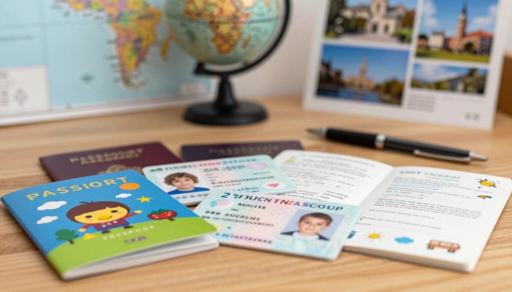 A close-up view of various identification documents for children and teenagers, including passports and identity cards, arranged neatly on a wooden desk. The foreground features a colorful passport with a cartoon design, a child's ID card with a bright photo, and a travel document with playful illustrations. In the middle ground, blurred stationery, including a pen and a small globe, creates a travel-themed atmosphere. The background shows a softly lit wall with travel maps and photographs of landmarks. The lighting is warm and inviting, enhancing the sense of adventure. The overall mood is cheerful and informative, capturing the essence of travel preparedness for young travelers.