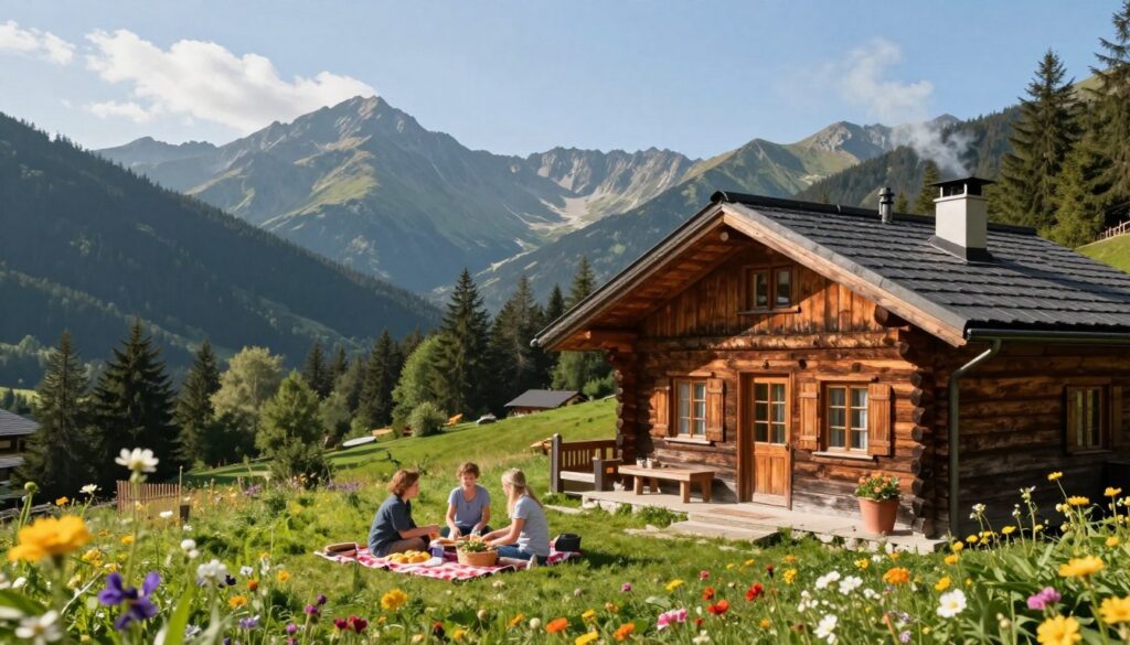 A cozy lodging scene in Zakopane, nestled amidst the stunning Tatra Mountains. Foreground features a rustic wooden cabin with smoke gently rising from the chimney, surrounded by vibrant green foliage and blooming wildflowers. In the middle ground, a family in modest casual clothing enjoys a picnic on a checkered blanket, showcasing the friendly atmosphere. The background displays majestic peaks under a clear blue sky, with soft sunlight illuminating the landscape, creating a warm and inviting mood. The scene captures the essence of safe and comfortable accommodations in a beautiful, tranquil setting, emphasizing the importance of relaxation and security for travelers. The composition is viewed from a slightly elevated angle, enhancing the scenic beauty and depth. A cozy lodging scene in Zakopane, nestled amidst the stunning Tatra Mountains. Foreground features a rustic wooden cabin with smoke gently rising from the chimney, surrounded by vibrant green foliage and blooming wildflowers. In the middle ground, a family in modest casual clothing enjoys a picnic on a checkered blanket, showcasing the friendly atmosphere. The background displays majestic peaks under a clear blue sky, with soft sunlight illuminating the landscape, creating a warm and inviting mood. The scene captures the essence of safe and comfortable accommodations in a beautiful, tranquil setting, emphasizing the importance of relaxation and security for travelers. The composition is viewed from a slightly elevated angle, enhancing the scenic beauty and depth.