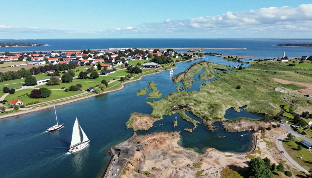 A detailed aerial view of the intricate maritime landscape surrounding Denmark, showcasing key straits and channels that define its marine borders. In the foreground, depict small, well-maintained sailing vessels navigating the vibrant blue waters of the straits. The middle layer features a coastline dotted with green parks and traditional Danish houses, while the background highlights expansive sea views under a clear, sunny sky with scattered clouds. Use soft, natural lighting to create a calm, inviting atmosphere. The scene should emphasize the strategic importance of the straits in maritime politics, with an emphasis on the connection between land and sea. Ensure the image is serene and professional, suitable for an educational context, without any text or watermarks.