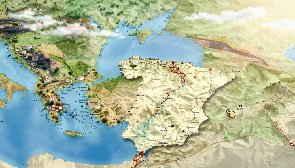 A detailed and artistic map showcasing the long border between Spain and Portugal, emphasizing the geographical features that define this region. In the foreground, a stylized depiction of the border line, clearly marked, with visual elements representing major cities on both sides. In the middle ground, a lush landscape of rolling hills and vineyards typical of the Iberian Peninsula, interspersed with picturesque villages. The background features a bright blue sky with wispy clouds, casting soft, warm lighting over the scene to create an inviting atmosphere. The angle should provide a slight aerial perspective, capturing the expanse of the border. Overall, the image should convey a sense of connection and beauty in this geographic boundary. A detailed and artistic map showcasing the long border between Spain and Portugal, emphasizing the geographical features that define this region. In the foreground, a stylized depiction of the border line, clearly marked, with visual elements representing major cities on both sides. In the middle ground, a lush landscape of rolling hills and vineyards typical of the Iberian Peninsula, interspersed with picturesque villages. The background features a bright blue sky with wispy clouds, casting soft, warm lighting over the scene to create an inviting atmosphere. The angle should provide a slight aerial perspective, capturing the expanse of the border. Overall, the image should convey a sense of connection and beauty in this geographic boundary.