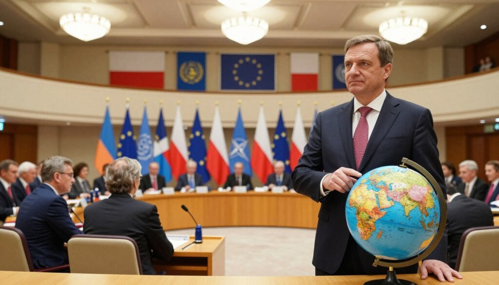 A detailed and symbolic representation of Poland's role in international structures. In the foreground, a confident Polish diplomat in professional attire stands with a globe showing Europe prominently, pointing towards Poland. In the middle ground, diverse representatives from various countries engage in a discussion around a large table with flags from the European Union, NATO, and the UN displayed. The background features a grand conference hall with high ceilings and banners illustrating cooperation and unity. Soft, warm lighting cascades from overhead chandeliers, creating an inviting atmosphere. The image conveys a sense of collaboration and diplomacy, showcasing Poland as an integral player in global affairs.