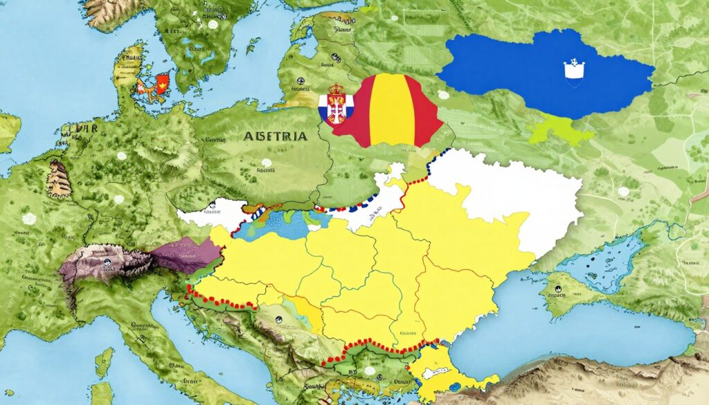 A detailed and vibrant illustration of Hungary's land borders in Central Europe, showcasing the neighboring countries: Austria, Slovakia, Ukraine, Romania, Serbia, and Slovenia. In the foreground, include a stylized map highlighting the borders with distinct colors and patterns that emphasize their lengths and characteristics. In the middle ground, depict geographical features like rivers and mountains that influence these borders, with subtle textures to convey depth. The background should feature a distant view of the Central European landscape under soft, natural lighting, capturing a serene and informative atmosphere. The image should feel educational yet visually appealing, designed for an article's illustrative section without any text or overlays. A detailed and vibrant illustration of Hungary's land borders in Central Europe, showcasing the neighboring countries: Austria, Slovakia, Ukraine, Romania, Serbia, and Slovenia. In the foreground, include a stylized map highlighting the borders with distinct colors and patterns that emphasize their lengths and characteristics. In the middle ground, depict geographical features like rivers and mountains that influence these borders, with subtle textures to convey depth. The background should feature a distant view of the Central European landscape under soft, natural lighting, capturing a serene and informative atmosphere. The image should feel educational yet visually appealing, designed for an article's illustrative section without any text or overlays.