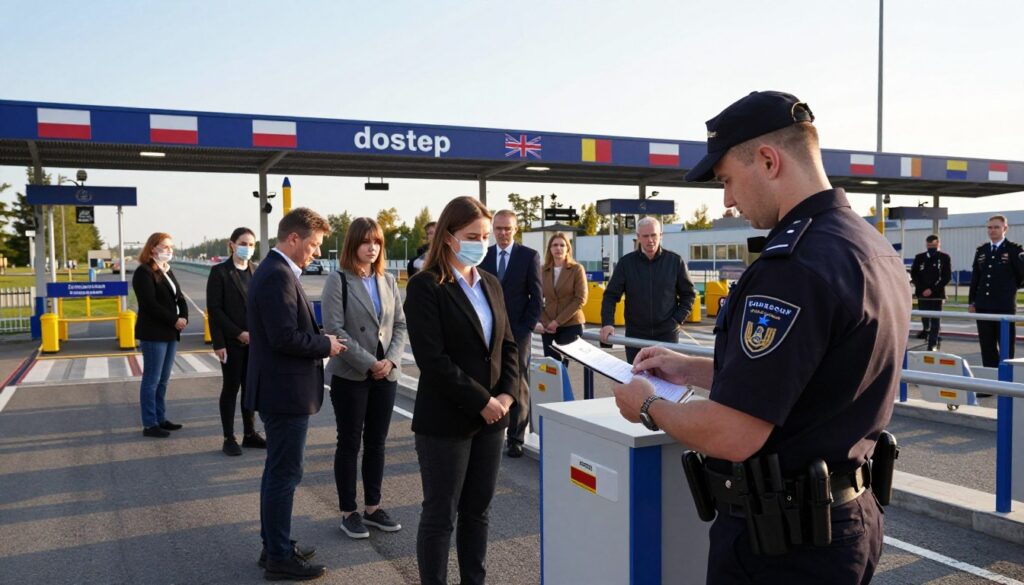 A detailed border checkpoint scene illustrating the concept of "dostęp" in the context of border protection procedures. In the foreground, a professional border guard in uniform stands attentively, scanning documents from travelers at a checkpoint. The middle ground features a diverse group of people in business attire and modest casual clothing, waiting to cross the border. The background showcases a meticulously designed border crossing structure with flags of Poland and neighboring countries, along with visible surveillance equipment and a clear sky. Soft morning light casts gentle shadows, enhancing the atmosphere of vigilance and security. The overall mood is serious yet welcoming, emphasizing the importance of border control and national security.