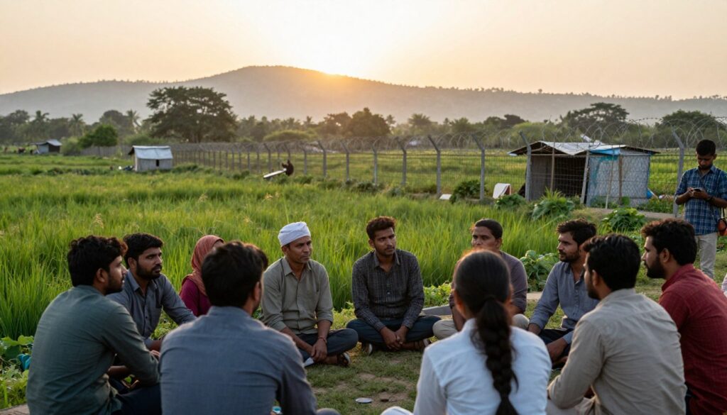 A detailed depiction of the India-Bangladesh border, showcasing lush greenery and diverse landscapes. In the foreground, include a group of individuals dressed in modest casual clothing engaged in a discussion, reflecting on migration challenges. The middle ground features a barbed wire fence marking the border, with small makeshift shelters nearby, hinting at the lives affected by border policies. The background should capture distant hills under a soft, golden sunset, casting a warm glow over the scene. Use a shallow depth of field to focus on the individuals while blurring the background slightly. The overall mood should evoke contemplation and a sense of resilience amidst the complexities of border issues, with natural lighting highlighting the environment.