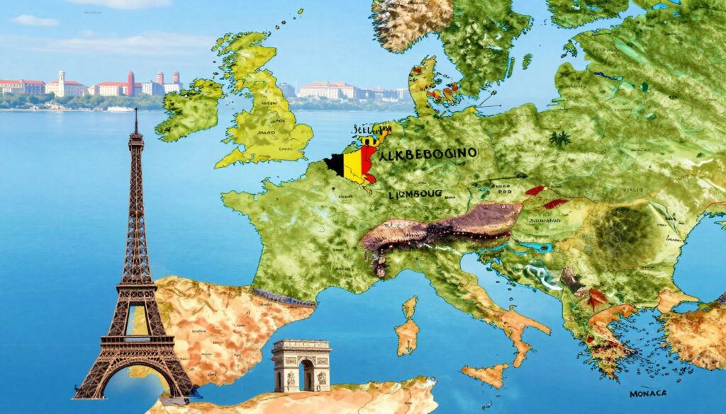 A detailed, educational map illustrating the geographical significance of France's location in Europe. In the foreground, prominent features like the Eiffel Tower and the Arc de Triomphe, blending into a rich, vibrant European landscape. In the middle ground, clearly marked borders highlighting France's neighboring countries—Germany, Belgium, Luxembourg, Switzerland, Italy, Spain, and Monaco—with subtle geographical features like rivers and mountains. The background offers a classic European skyline against a serene blue sky, emphasizing France's connections to the surrounding nations. The scene is bathed in warm, natural sunlight, creating an inviting atmosphere. Capture the essence of both the geographical and cultural importance of France, focusing on clarity and educational value. The image should be clean, professional, with no text overlays or signature marks. A detailed, educational map illustrating the geographical significance of France's location in Europe. In the foreground, prominent features like the Eiffel Tower and the Arc de Triomphe, blending into a rich, vibrant European landscape. In the middle ground, clearly marked borders highlighting France's neighboring countries—Germany, Belgium, Luxembourg, Switzerland, Italy, Spain, and Monaco—with subtle geographical features like rivers and mountains. The background offers a classic European skyline against a serene blue sky, emphasizing France's connections to the surrounding nations. The scene is bathed in warm, natural sunlight, creating an inviting atmosphere. Capture the essence of both the geographical and cultural importance of France, focusing on clarity and educational value. The image should be clean, professional, with no text overlays or signature marks.
