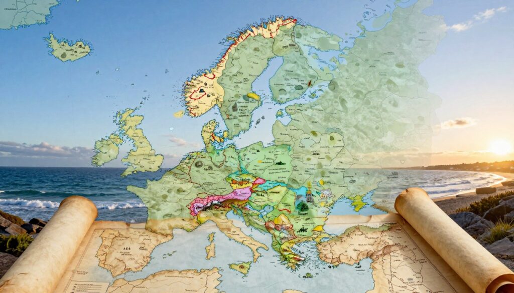 A detailed historical map illustrating the territorial changes of Denmark over time, showcasing both land and maritime boundaries. In the foreground, depict an ancient scroll unfurled, revealing vibrant, hand-drawn maps with shifting borders and notable landmarks such as castles and coastal features. The middle layer includes an overlay of transparent modern maps for contrast, highlighting current borders against historical ones. The background features a serene coastal landscape of Denmark, with gentle waves under a clear blue sky at sunset, casting warm golden light on the scene. The atmosphere is reflective, evoking a sense of history and continuity in geography, emphasizing the importance of territorial evolution.