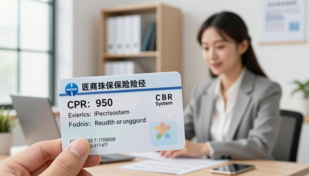 A detailed illustration of a health insurance card prominently displayed in the foreground, showcasing its essential features like a prominent ID number, a logo, and security elements. In the middle ground, an office environment is depicted with a woman in professional business attire sitting at a desk, examining the card, symbolizing the registration process in the CPR system. The background features shelves with health-related documents and a window letting in soft, natural light to create a welcoming atmosphere. The overall composition conveys a sense of organization and clarity, emphasizing the importance of health insurance for travelers. The scene should be bright and inviting, evoking a mood of professionalism and trust. A detailed illustration of a health insurance card prominently displayed in the foreground, showcasing its essential features like a prominent ID number, a logo, and security elements. In the middle ground, an office environment is depicted with a woman in professional business attire sitting at a desk, examining the card, symbolizing the registration process in the CPR system. The background features shelves with health-related documents and a window letting in soft, natural light to create a welcoming atmosphere. The overall composition conveys a sense of organization and clarity, emphasizing the importance of health insurance for travelers. The scene should be bright and inviting, evoking a mood of professionalism and trust.
