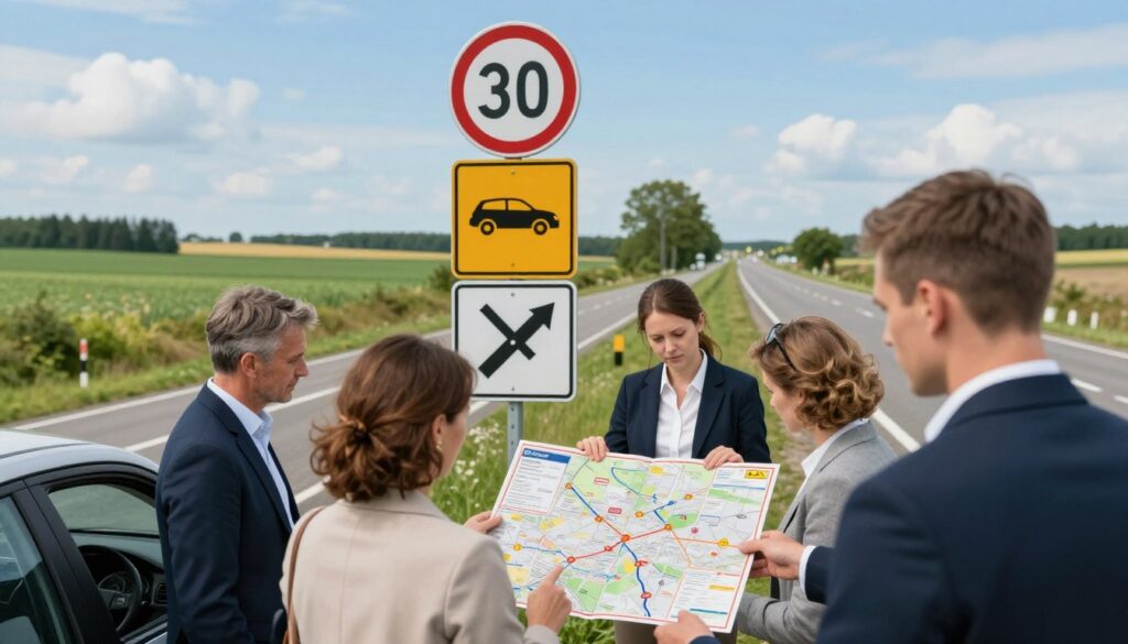 A detailed, informative scene depicting road regulations in Lithuania. In the foreground, a diverse group of drivers, including men and women in professional attire, are studying a roadmap, with a focus on traffic rules and signs. The middle ground features a road sign indicating speed limits and other key driving rules, vibrantly illustrated with colors representative of road regulations. The background shows the picturesque Lithuanian landscape with green fields and a clear blue sky, integrating rural elements with a lightly traveled road. The lighting is bright and inviting, creating a sense of safety and clarity, while a slight perspective shift simulates the viewer's experience as a driver. The atmosphere is educational and engaging, emphasizing the importance of understanding road regulations for a safe journey. A detailed, informative scene depicting road regulations in Lithuania. In the foreground, a diverse group of drivers, including men and women in professional attire, are studying a roadmap, with a focus on traffic rules and signs. The middle ground features a road sign indicating speed limits and other key driving rules, vibrantly illustrated with colors representative of road regulations. The background shows the picturesque Lithuanian landscape with green fields and a clear blue sky, integrating rural elements with a lightly traveled road. The lighting is bright and inviting, creating a sense of safety and clarity, while a slight perspective shift simulates the viewer's experience as a driver. The atmosphere is educational and engaging, emphasizing the importance of understanding road regulations for a safe journey.