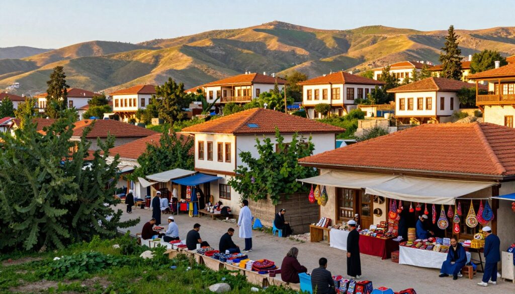 A detailed landscape showcasing the Asian neighborhoods bordering Turkey, depicting a vibrant market scene filled with modestly dressed local residents engaging in daily activities. In the foreground, colorful stalls display traditional goods, surrounded by lush greenery. The middle ground features authentic architecture reflecting Asian influences, including terracotta roofs and wooden balconies, blending harmoniously with the surrounding nature. In the background, the rolling hills are bathed in warm, golden sunlight, creating a serene atmosphere. The image should have vivid colors, with a focus on natural lighting to enhance the inviting mood. Capture the essence of cross-cultural interactions in this region, emphasizing the unique characteristics of the Asian neighbors of Turkey.