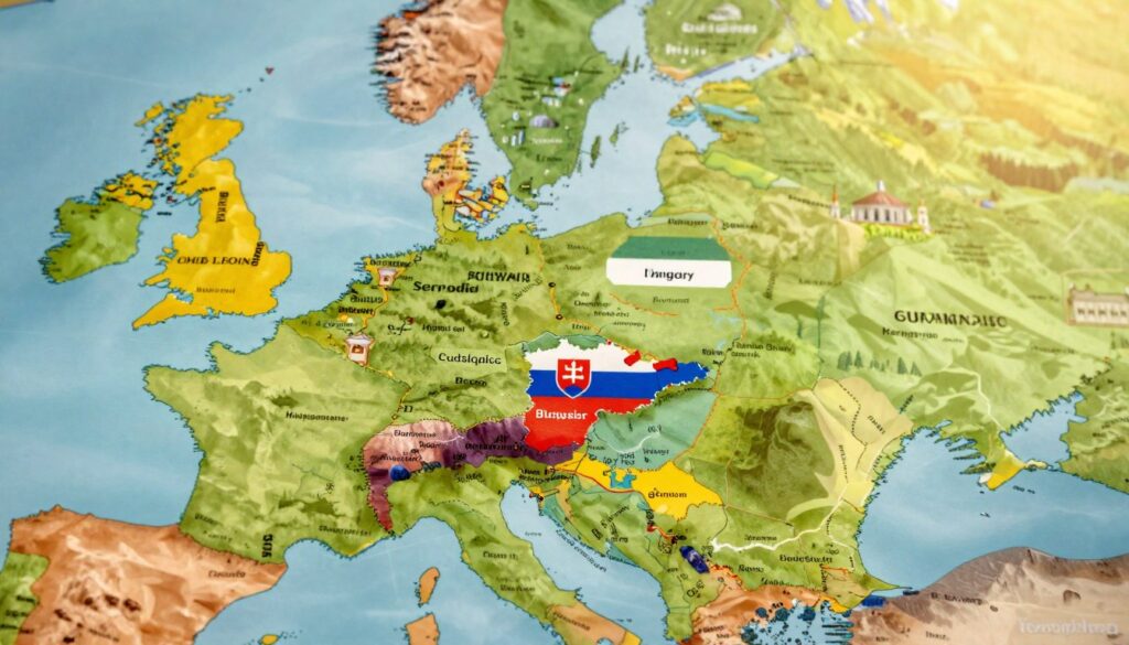 A detailed map of Austria highlighting its neighboring countries, including Germany, Czech Republic, Slovakia, Hungary, Slovenia, Italy, and Switzerland. In the foreground, focus on a vibrant depiction of the Austrian border, illustrated with clear boundaries and geographical features such as mountains and rivers. In the middle ground, showcase an artistic representation of the neighboring countries, using distinct color coding for each nation. The background should feature a soft-focus European landscape with rolling hills and iconic landmarks like the Alps, bathed in warm, golden afternoon light. The scene conveys a sense of harmony and connectivity among the nations, inspiring curiosity and exploration. Capture this from a slightly elevated angle to provide an overview, emphasizing Austria’s central position in Europe.