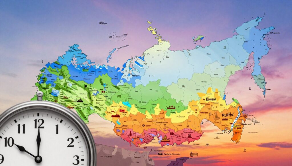 A detailed map of Russia showcasing its vast time zones, with each zone represented by distinct colors fading into one another, illustrating the immense geographical span. In the foreground, a clock with hands pointing to various hour markings symbolizes the concept of time. The middle layer features abstract representations of landmarks or silhouettes of Russian cities, such as Moscow and Vladivostok, highlighting their locations within different time zones. The background consists of a gradient sky shifting from sunrise colors on the left to sunset hues on the right, creating a dynamic atmosphere that emphasizes the vastness of the territory. The lighting should be soft yet vibrant, evoking a sense of wonder and the passage of time. The overall mood should be enlightening and expansive, resonating with the theme of the article.