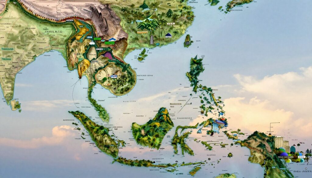 A detailed map of Southeast Asia, showcasing the region's geographical features and neighboring countries. In the foreground, clearly label borders of countries such as Vietnam, Thailand, Malaysia, Indonesia, and the Philippines, with a focus on their natural landscapes, icons, and cultural elements. In the middle ground, include lush green jungles, mountainous terrains, and urban areas depicted with modern architecture. The background should exhibit a soft gradient sky, transitioning from dawn to midday, illuminating the region with warm, inviting light. Capture the essence of Southeast Asia's diverse cultures through rich colors and a dynamic atmosphere. The overall mood should convey a sense of harmony and interconnectedness among the countries in this vibrant part of the world.