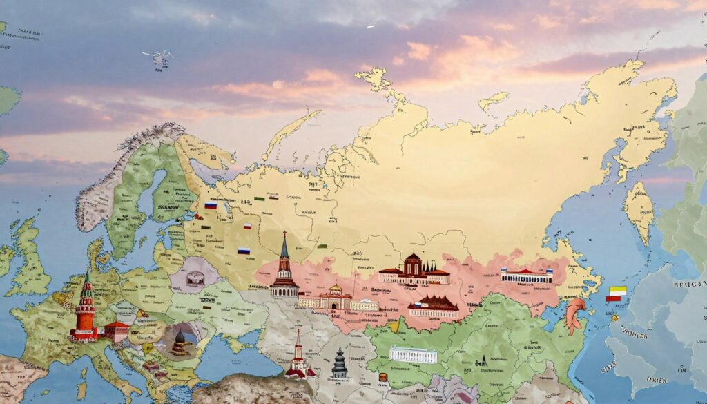 A detailed map showcasing Russia's European neighbors, featuring borders clearly demarcated. The foreground should present iconic landmarks from countries that share a border with Russia, such as the Spasskaya Tower from Moscow, and silhouettes of the Baltic states' architecture. In the middle ground, illustrate a cultural landscape blending Russian and neighboring country elements like flags or traditional architectural styles. The background should feature a subtle gradient sky transitioning from sunset to twilight, imparting a serene atmosphere. Use soft, warm lighting to evoke a sense of harmony and connection among the countries. The image should be composed with a slight aerial perspective to give a comprehensive overview of the region, devoid of text or any identifiable markings.