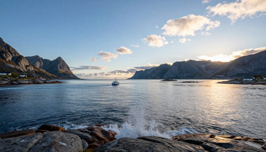 A detailed maritime scene showcasing territorial waters surrounding Norway and the Skagerrak Strait. In the foreground, vibrant waves splash against rocky coastal cliffs, with small boats navigating the waters, illustrating maritime activity. The mid-ground features a serene horizon, where the gentle curve of the coastline meets the calm expanse of the Baltic Sea, dotted with islands. In the background, dark, majestic mountains rise under a clear blue sky, their peaks lightly touched by clouds. The lighting is soft and warm, evoking a tranquil and inviting atmosphere, while the sun sets on the horizon, casting long shadows and golden hues on the water. The composition is panoramic, capturing the essence of Norway's natural beauty and its strategic waterways. A detailed maritime scene showcasing territorial waters surrounding Norway and the Skagerrak Strait. In the foreground, vibrant waves splash against rocky coastal cliffs, with small boats navigating the waters, illustrating maritime activity. The mid-ground features a serene horizon, where the gentle curve of the coastline meets the calm expanse of the Baltic Sea, dotted with islands. In the background, dark, majestic mountains rise under a clear blue sky, their peaks lightly touched by clouds. The lighting is soft and warm, evoking a tranquil and inviting atmosphere, while the sun sets on the horizon, casting long shadows and golden hues on the water. The composition is panoramic, capturing the essence of Norway's natural beauty and its strategic waterways.
