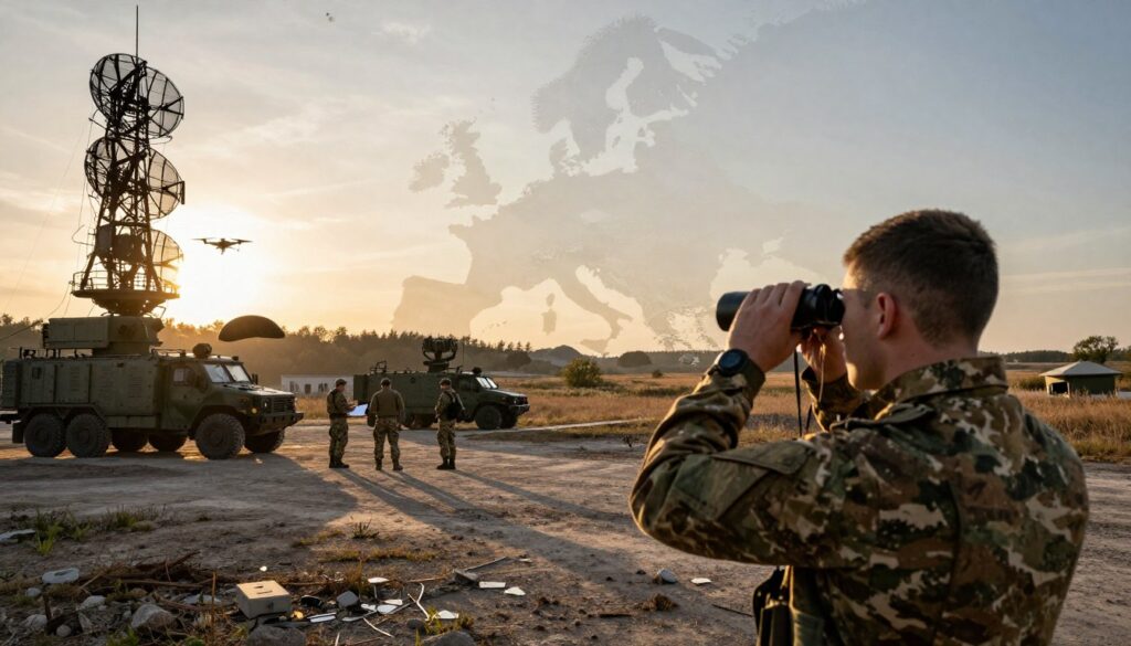 A detailed military safety landscape of Poland within the context of Europe, showcasing advanced defense systems like radar installations and surveillance drones. In the foreground, include a soldier in professional military attire, observing the terrain through binoculars. In the middle ground, depict military vehicles and personnel engaged in strategic planning. The background should feature a map of Europe subtly integrated into the landscape, highlighting Poland's position. Use a dramatic sunset lighting to cast long shadows, enhancing the atmosphere of vigilance and preparedness. The overall mood should evoke a sense of security and strength amidst global complexity, captured with a wide-angle lens to emphasize scale and depth.