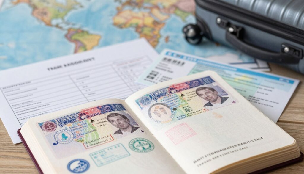 A detailed, open passport placed prominently in the foreground, showcasing pages filled with visa stamps and national emblems, reflecting international travel. The middle ground features a travel document checklist neatly arranged, including items like tickets and health certificates, emphasizing required travel documents. In the background, a blurred view of a world map and a suitcase illustrate the theme of exploration and preparation. Soft, natural lighting enhances the scene, casting gentle shadows and highlighting textures, evoking a sense of anticipation and adventure. The perspective is slightly elevated to capture the depth of the arrangement, creating an inviting and informative atmosphere that resonates with travel enthusiasts.