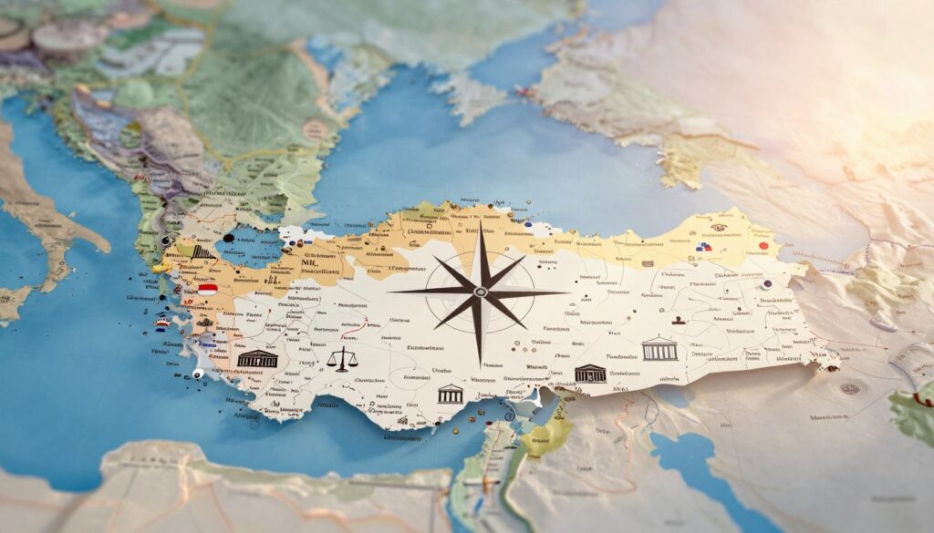 A detailed political map of Turkey showcasing its political and administrative structure, illustrating major cities, regional divisions, and geographic borders. In the foreground, include icons representing democratic institutions such as a parliament building, judiciary scales, and an administrative office, symbolizing governance. The middle ground displays a stylized compass rose overlaying a map of Turkey, highlighting its European and Asian neighbors. For the background, create a faint outline of neighboring countries blended softly, with a blue sky transitioning into a soft gradient at sunrise, evoking a sense of unity and diversity. Utilize warm, natural lighting to evoke a welcoming atmosphere, with a slight focus on depth of field to emphasize the map's intricate details.