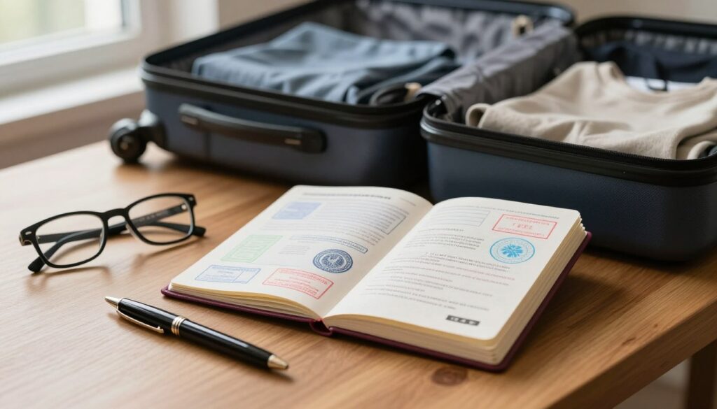 A detailed, temporary passport resting on a wooden desk, opened to display its intricacies, including official stamps and personalized details. In the foreground, a pair of reading glasses and a pen are casually placed beside the passport, suggesting the action of reviewing important travel documents. In the middle background, a travel suitcase partially open, revealing neatly folded clothing and travel essentials. Soft, diffused natural light streams in from a nearby window, adding warmth to the scene. The atmosphere is focused and organized, reflecting the seriousness and importance of having specific travel documents when planning a trip to Hungary. The image composition emphasizes clarity and professionalism, capturing the essence of preparation for international travel. A detailed, temporary passport resting on a wooden desk, opened to display its intricacies, including official stamps and personalized details. In the foreground, a pair of reading glasses and a pen are casually placed beside the passport, suggesting the action of reviewing important travel documents. In the middle background, a travel suitcase partially open, revealing neatly folded clothing and travel essentials. Soft, diffused natural light streams in from a nearby window, adding warmth to the scene. The atmosphere is focused and organized, reflecting the seriousness and importance of having specific travel documents when planning a trip to Hungary. The image composition emphasizes clarity and professionalism, capturing the essence of preparation for international travel.