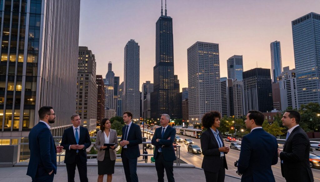 A detailed urban landscape of Chicago showcasing its political significance and urban development. In the foreground, depict a mix of professionals in business attire engaged in discussions, representing diverse demographics, standing near modern skyscrapers. The middle ground features iconic structures like the Willis Tower and the John Hancock Center, surrounded by bustling streets with cars and public transport. In the background, capture a skyline at dusk, with warm lighting illuminating the buildings against a vibrant sunset backdrop. Use a wide-angle perspective to enhance the sense of scale and dynamism. The atmosphere should feel energetic yet purposeful, symbolizing growth and collaboration in the urban environment.